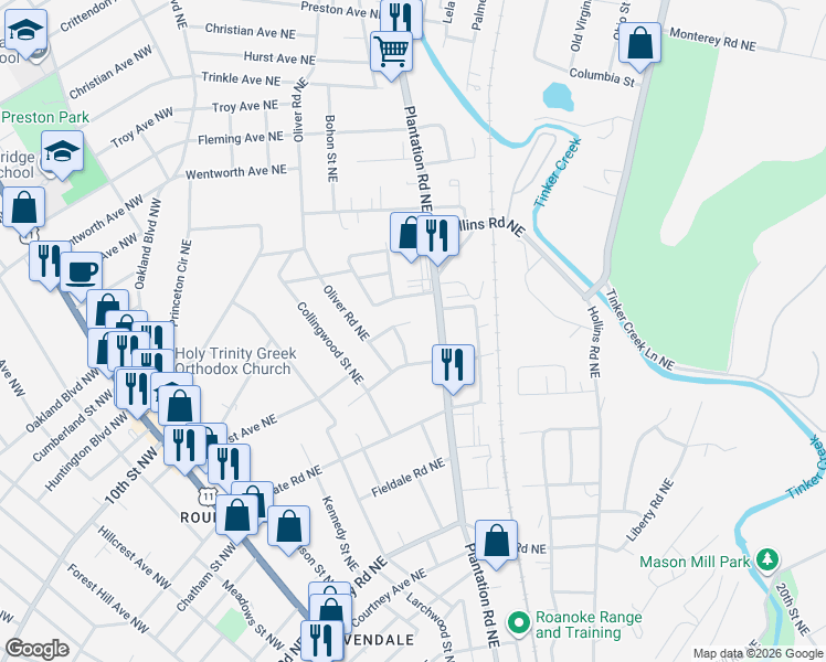 map of restaurants, bars, coffee shops, grocery stores, and more near 3222 Plantation Road Northeast in Roanoke
