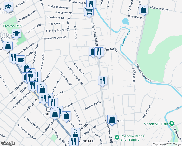 map of restaurants, bars, coffee shops, grocery stores, and more near 513 Wingfield Avenue Northeast in Roanoke