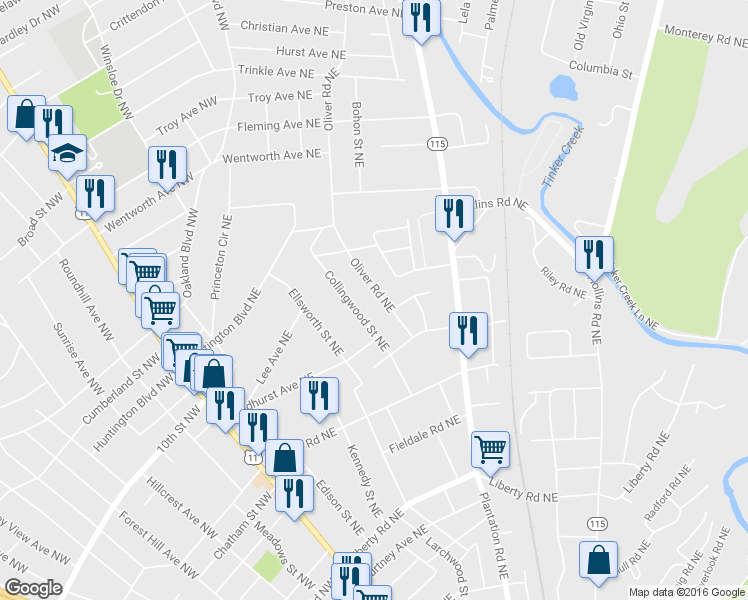 map of restaurants, bars, coffee shops, grocery stores, and more near 3239 Oliver Road Northeast in Roanoke