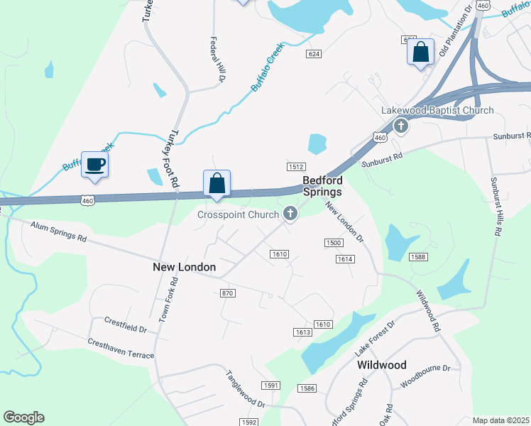 map of restaurants, bars, coffee shops, grocery stores, and more near 191 Alum Springs Road in Lynchburg