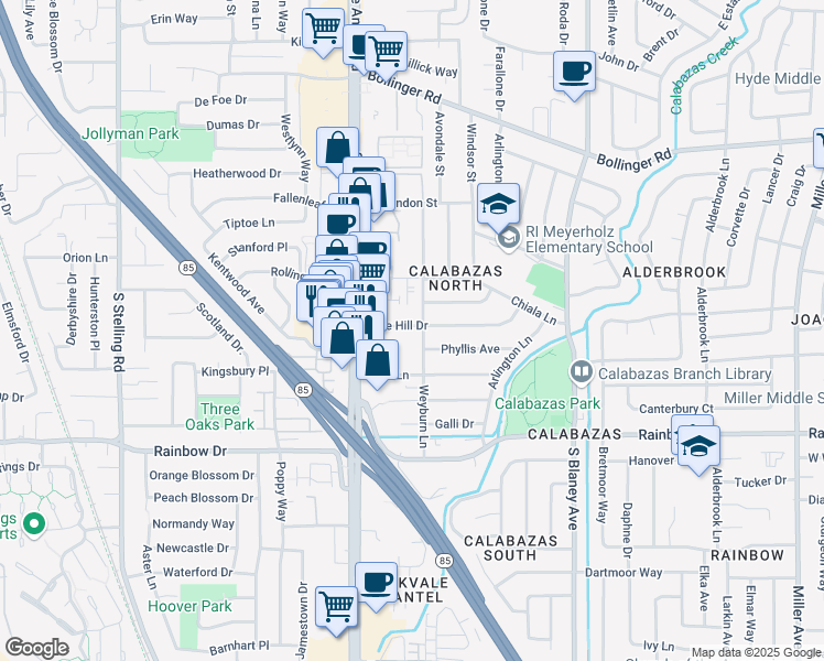 map of restaurants, bars, coffee shops, grocery stores, and more near 1155 Weyburn Lane in San Jose