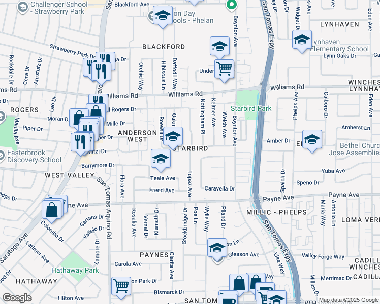 map of restaurants, bars, coffee shops, grocery stores, and more near Topaz Avenue in San Jose