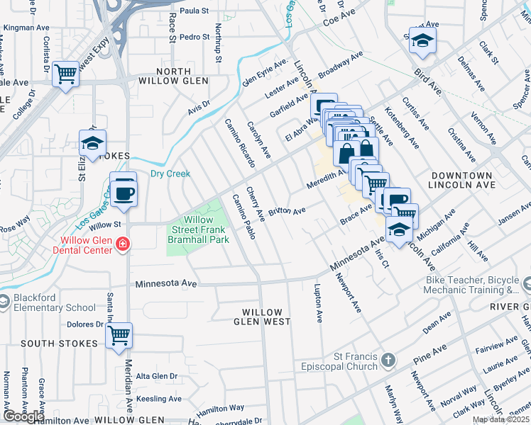 map of restaurants, bars, coffee shops, grocery stores, and more near 1198 Cherry Avenue in San Jose