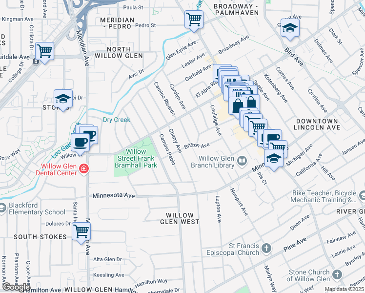 map of restaurants, bars, coffee shops, grocery stores, and more near 1198 Cherry Avenue in San Jose
