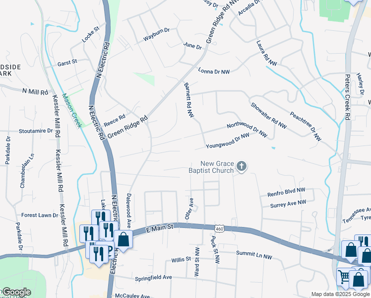 map of restaurants, bars, coffee shops, grocery stores, and more near 5141 Youngwood Drive Northwest in Roanoke