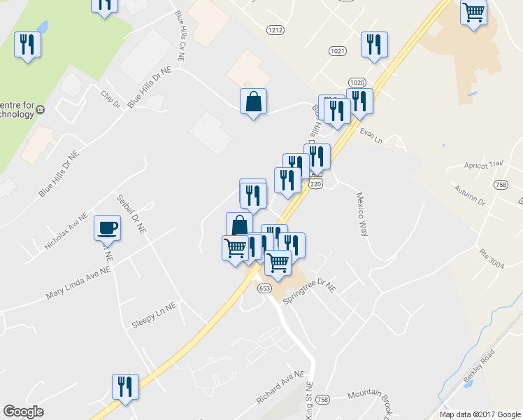 map of restaurants, bars, coffee shops, grocery stores, and more near 3436 Orange Avenue Northeast in Roanoke