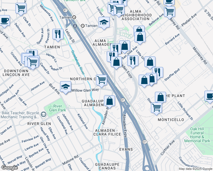 map of restaurants, bars, coffee shops, grocery stores, and more near 1758 Cross Way in San Jose
