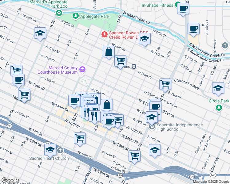 map of restaurants, bars, coffee shops, grocery stores, and more near 356 West 21st Street in Merced