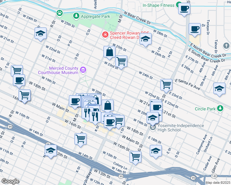 map of restaurants, bars, coffee shops, grocery stores, and more near 356 West 21st Street in Merced