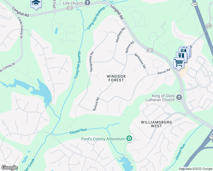 map of restaurants, bars, coffee shops, grocery stores, and more near 206 Buford Road in Williamsburg