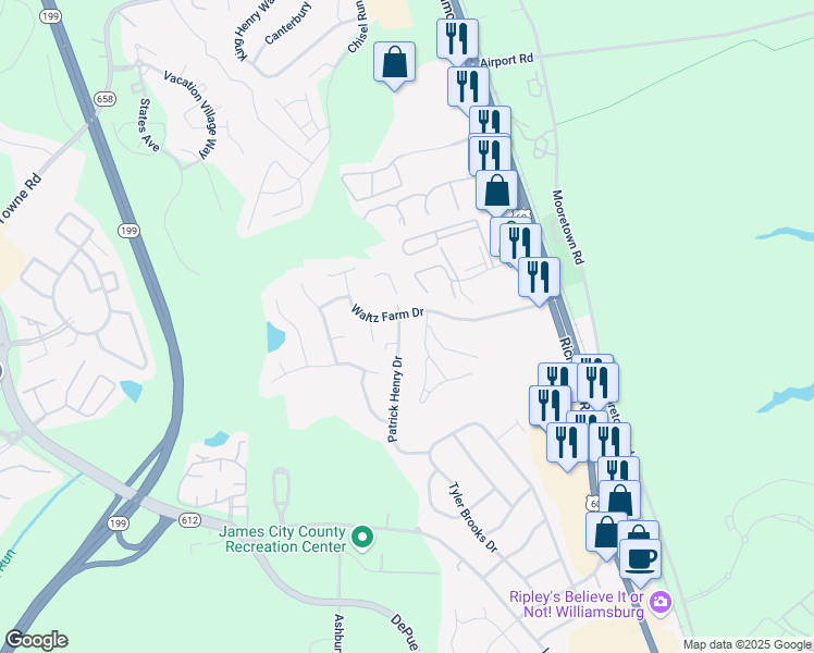 map of restaurants, bars, coffee shops, grocery stores, and more near 137 Patrick Henry Drive in Williamsburg