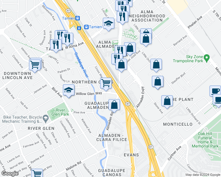 map of restaurants, bars, coffee shops, grocery stores, and more near 1758 Cross Way in San Jose