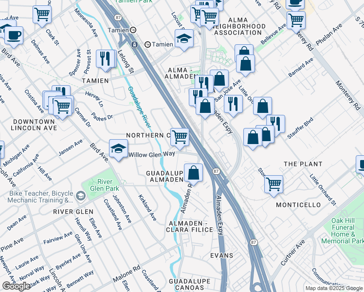 map of restaurants, bars, coffee shops, grocery stores, and more near 1689 Cross Way in San Jose