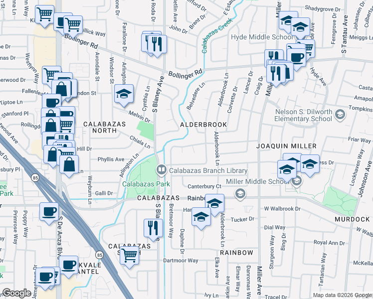 map of restaurants, bars, coffee shops, grocery stores, and more near 6717 Edgemoor Way in San Jose