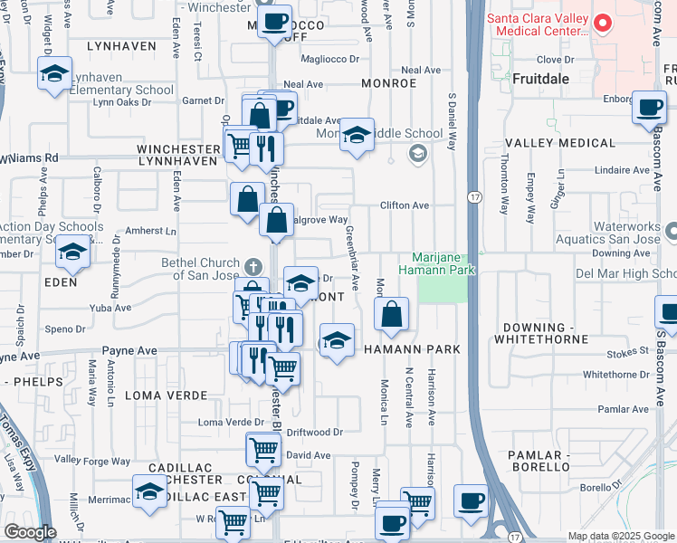 map of restaurants, bars, coffee shops, grocery stores, and more near 2979 Fireside Drive in San Jose