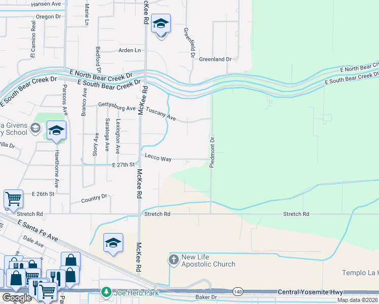map of restaurants, bars, coffee shops, grocery stores, and more near 2501 Lecco Way in Merced