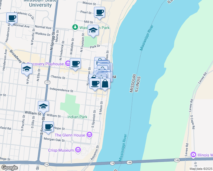 map of restaurants, bars, coffee shops, grocery stores, and more near 19 North Water Street in Cape Girardeau
