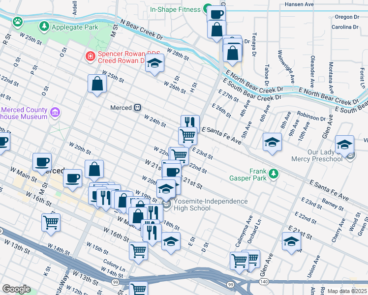 map of restaurants, bars, coffee shops, grocery stores, and more near 6 West 23rd Street in Merced