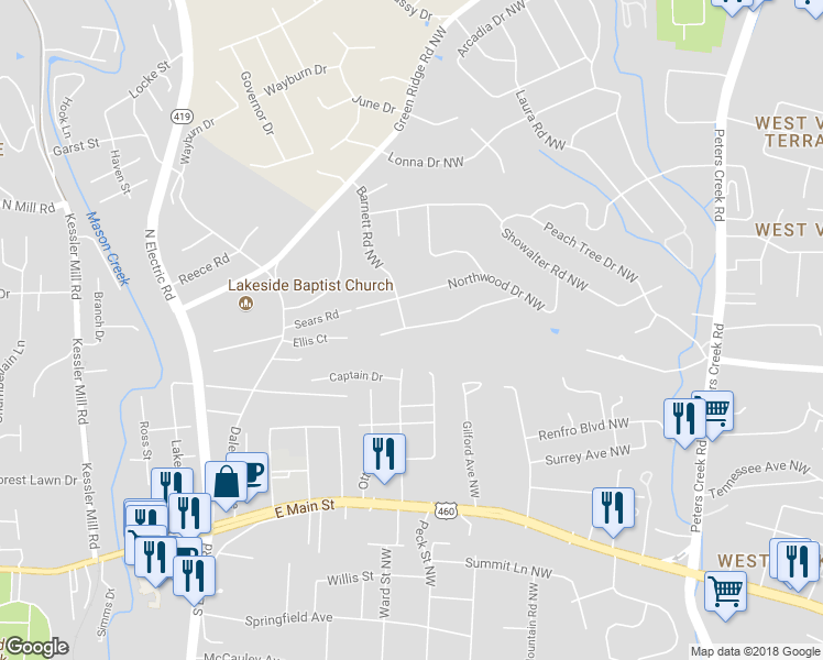map of restaurants, bars, coffee shops, grocery stores, and more near 5096 Youngwood Drive Northwest in Roanoke