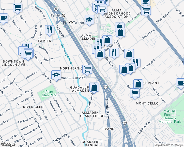 map of restaurants, bars, coffee shops, grocery stores, and more near 1758 Cross Way in San Jose
