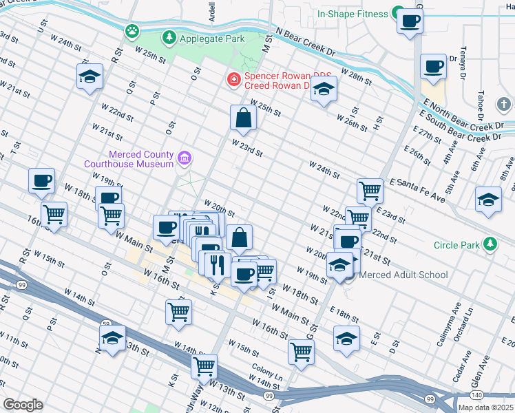 map of restaurants, bars, coffee shops, grocery stores, and more near 356 West 21st Street in Merced