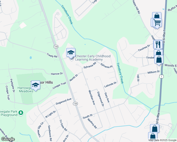 map of restaurants, bars, coffee shops, grocery stores, and more near 3505 Sylvania Road in Chester