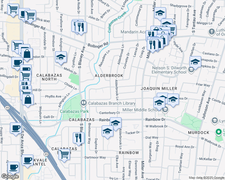 map of restaurants, bars, coffee shops, grocery stores, and more near 1134 Danbury Drive in San Jose