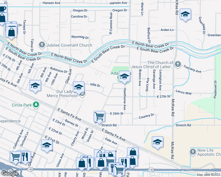 map of restaurants, bars, coffee shops, grocery stores, and more near 2855 Green Street in Merced