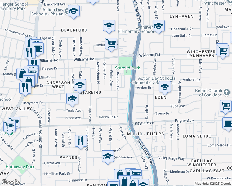 map of restaurants, bars, coffee shops, grocery stores, and more near 3704 Rhoda Drive in San Jose