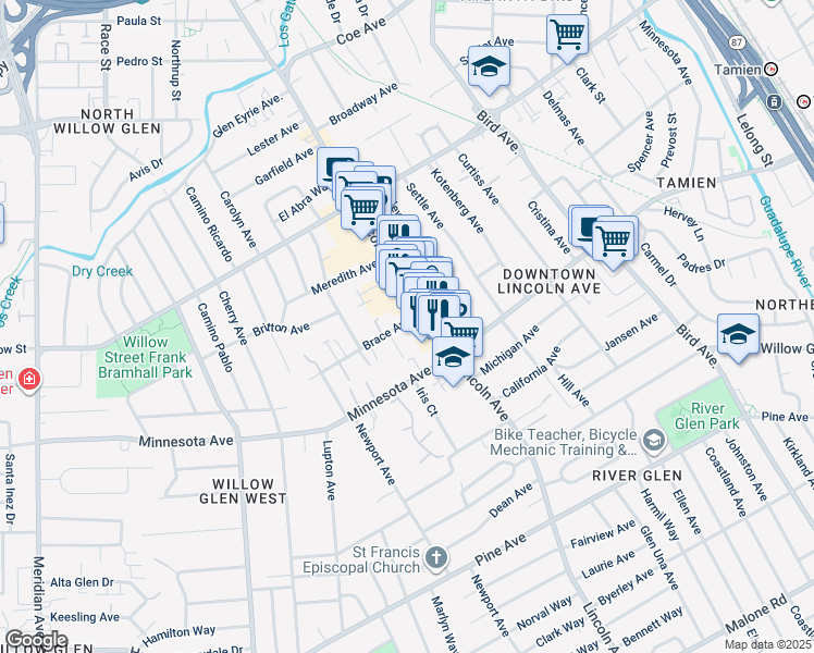 map of restaurants, bars, coffee shops, grocery stores, and more near 1264 Lincoln Avenue in San Jose