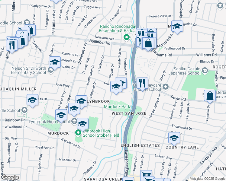 map of restaurants, bars, coffee shops, grocery stores, and more near 1188 Wunderlich Drive in San Jose