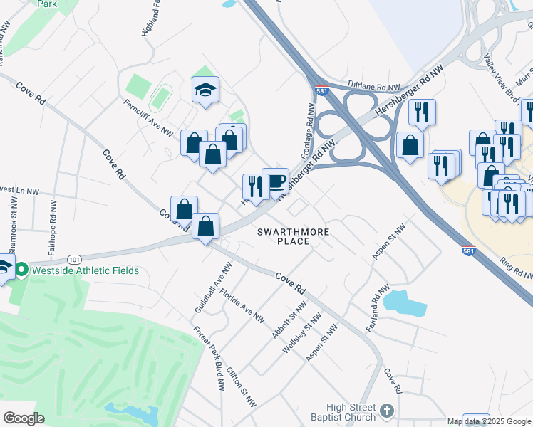 map of restaurants, bars, coffee shops, grocery stores, and more near 3649 Ferncliff Avenue Northwest in Roanoke