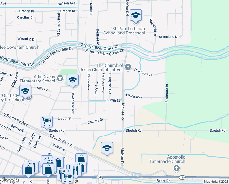 map of restaurants, bars, coffee shops, grocery stores, and more near 2121 Hampden Court in Merced