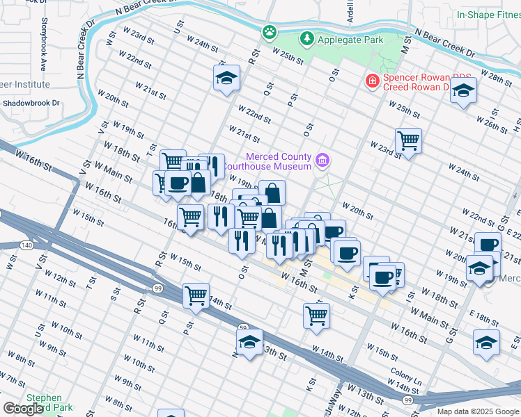 map of restaurants, bars, coffee shops, grocery stores, and more near 820 West 19th Street in Merced