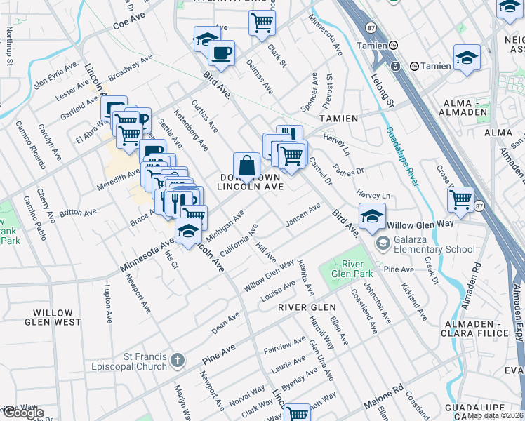 map of restaurants, bars, coffee shops, grocery stores, and more near 910 Michigan Avenue in San Jose