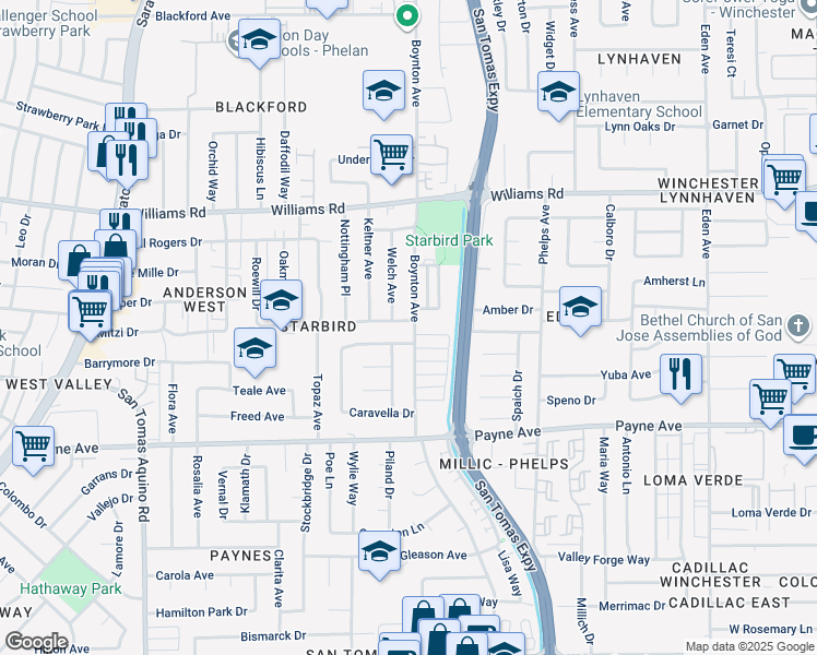 map of restaurants, bars, coffee shops, grocery stores, and more near 3704 Rhoda Drive in San Jose