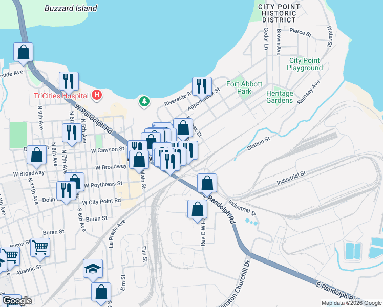 map of restaurants, bars, coffee shops, grocery stores, and more near 301-399 East Poythress Street in Hopewell