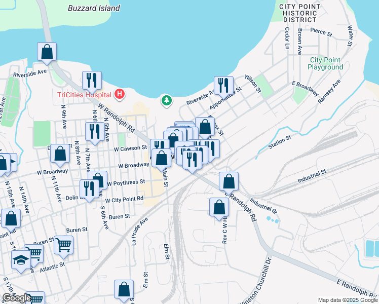 map of restaurants, bars, coffee shops, grocery stores, and more near 264 East Broadway in Hopewell