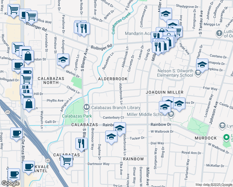 map of restaurants, bars, coffee shops, grocery stores, and more near 1134 Danbury Drive in San Jose