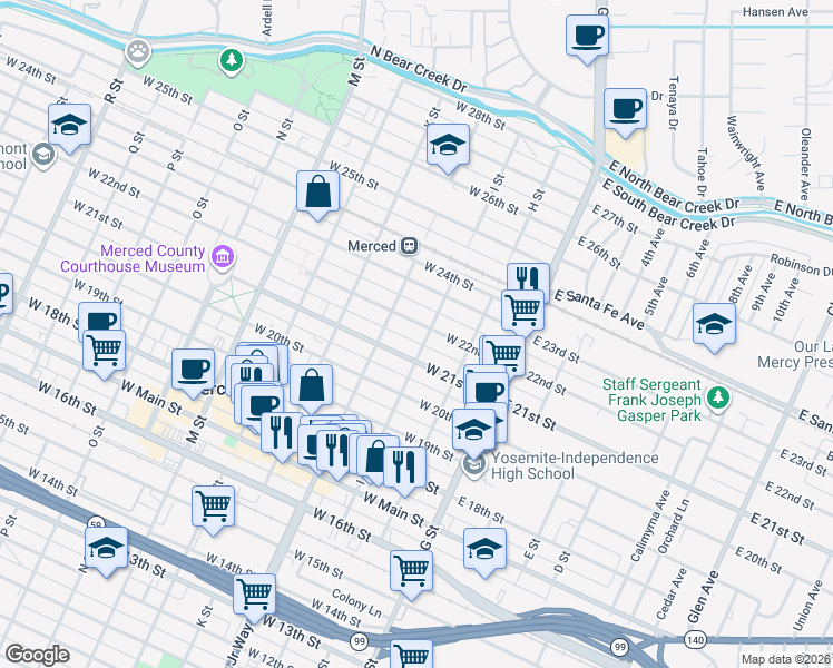 map of restaurants, bars, coffee shops, grocery stores, and more near 246 West 22nd Street in Merced