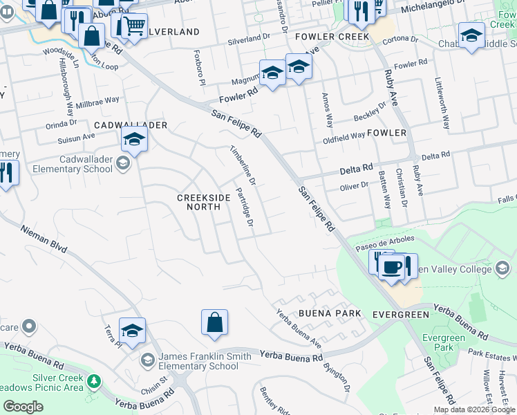 map of restaurants, bars, coffee shops, grocery stores, and more near 4089 Timberline Drive in San Jose