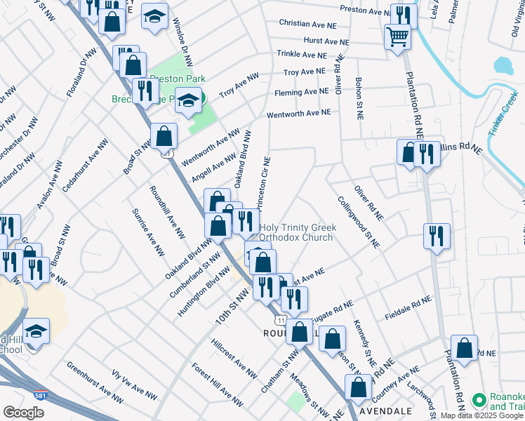 map of restaurants, bars, coffee shops, grocery stores, and more near 3439 Princeton Circle Northeast in Roanoke