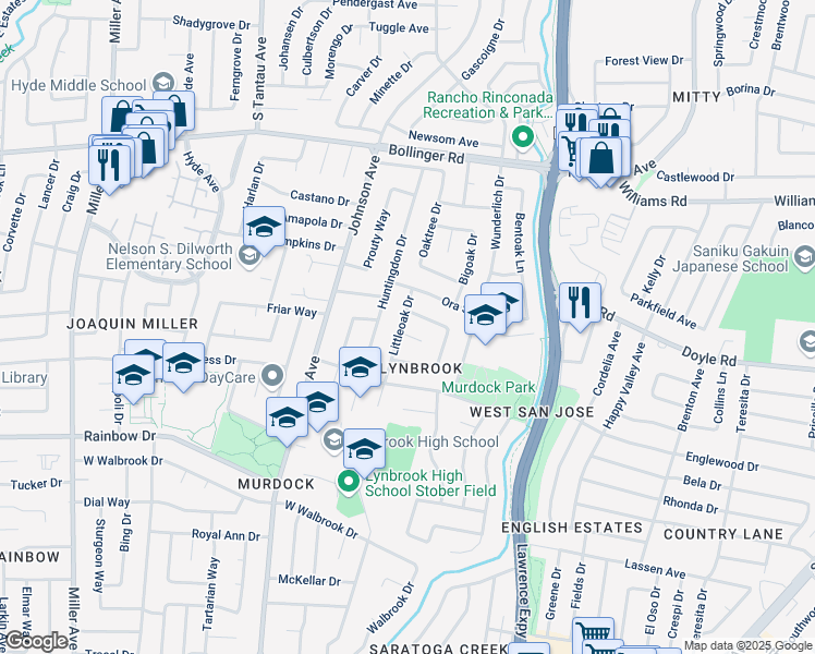 map of restaurants, bars, coffee shops, grocery stores, and more near 5597 Glenoak Court in San Jose