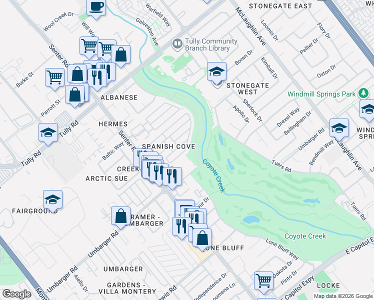 map of restaurants, bars, coffee shops, grocery stores, and more near 2600 Senter Road in San Jose