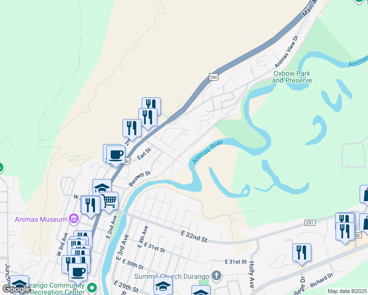 map of restaurants, bars, coffee shops, grocery stores, and more near 3730 Bennett St in Durango