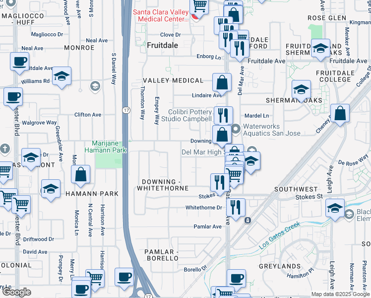 map of restaurants, bars, coffee shops, grocery stores, and more near 588 Downing Avenue in San Jose