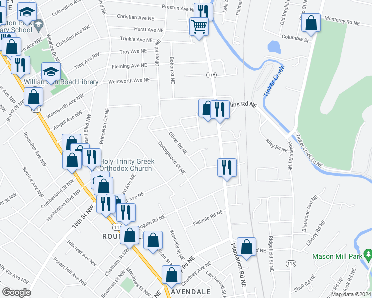map of restaurants, bars, coffee shops, grocery stores, and more near 3227 Oliver Road Northeast in Roanoke