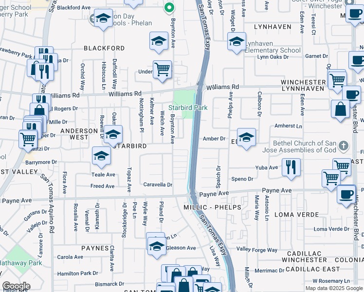 map of restaurants, bars, coffee shops, grocery stores, and more near 3675 Waterbury Court in San Jose