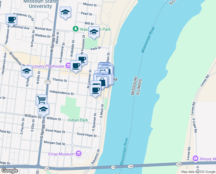 map of restaurants, bars, coffee shops, grocery stores, and more near 19 North Water Street in Cape Girardeau