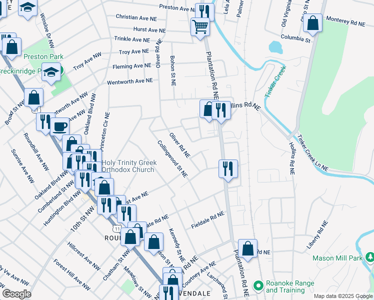 map of restaurants, bars, coffee shops, grocery stores, and more near 3227 Oliver Road Northeast in Roanoke